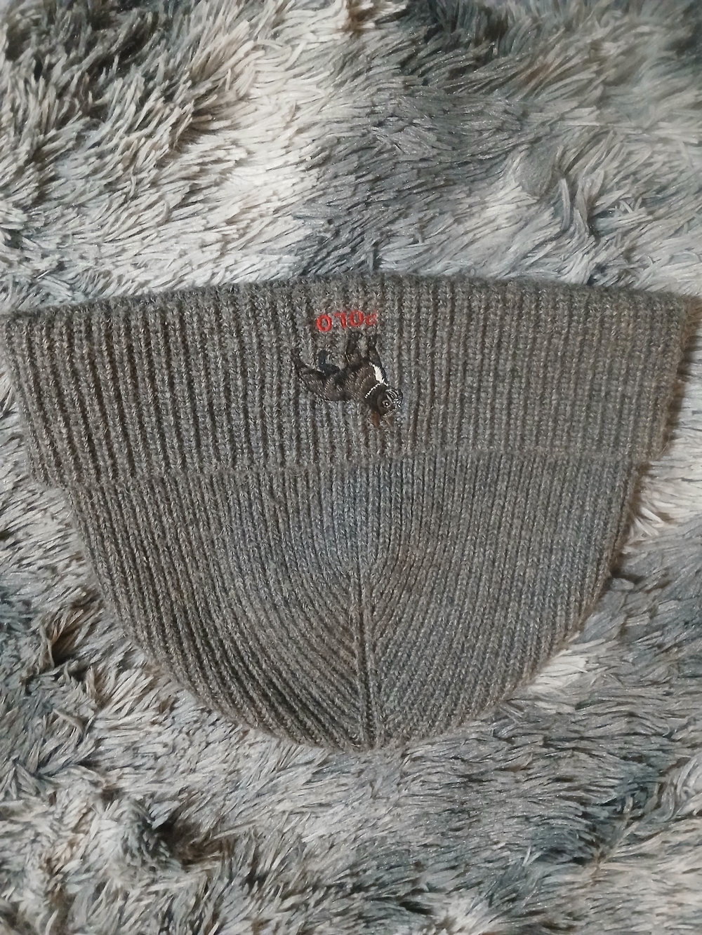 Men's Gray Polo French Bulldog Ribbed Knit Sweater Knit Hat